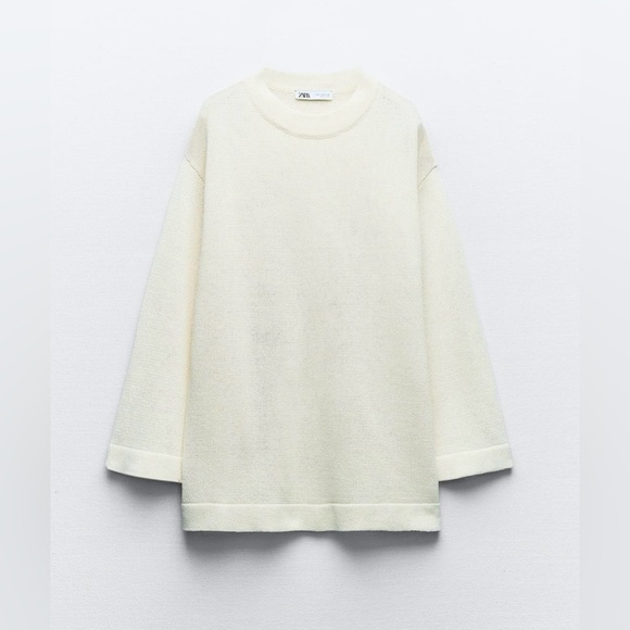 NWT ZARA Women Large White Crew Neck Knit Linen Cotton Blend Sweater Side Slit - Picture 3 of 5